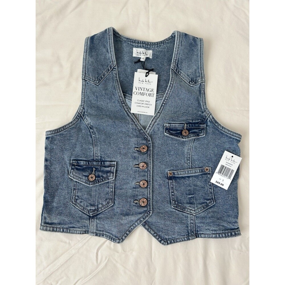 NWT Nicole Miller Medium Blue Denim Vintage Comfort Button Down Vest SZ S